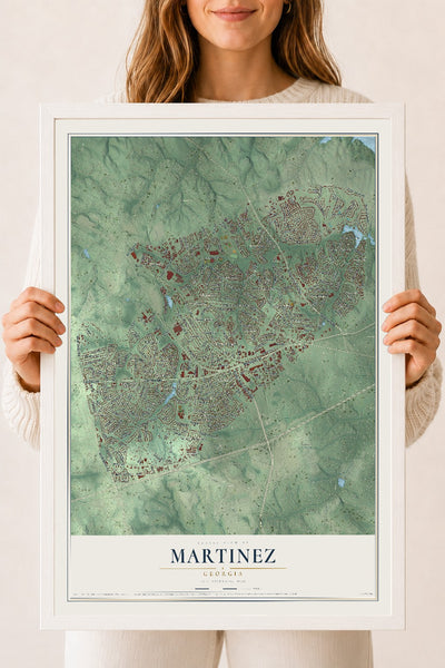 Martinez, Georgia map print, 18" x 24" W/ White Ayous Wood Frame mockup
