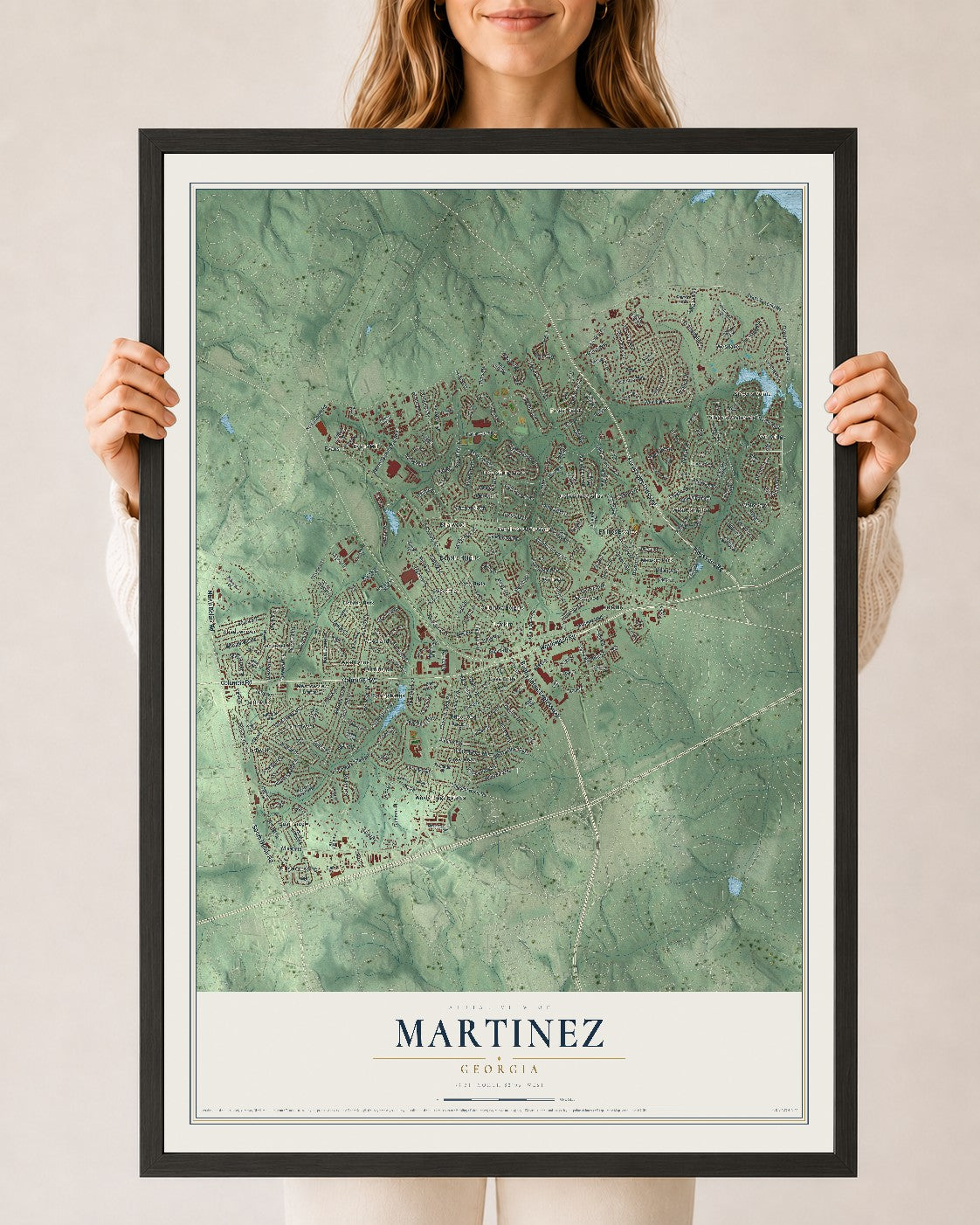 Martinez, Georgia map print, 24" x 36" W/ Black Ayous Wood Frame mockup