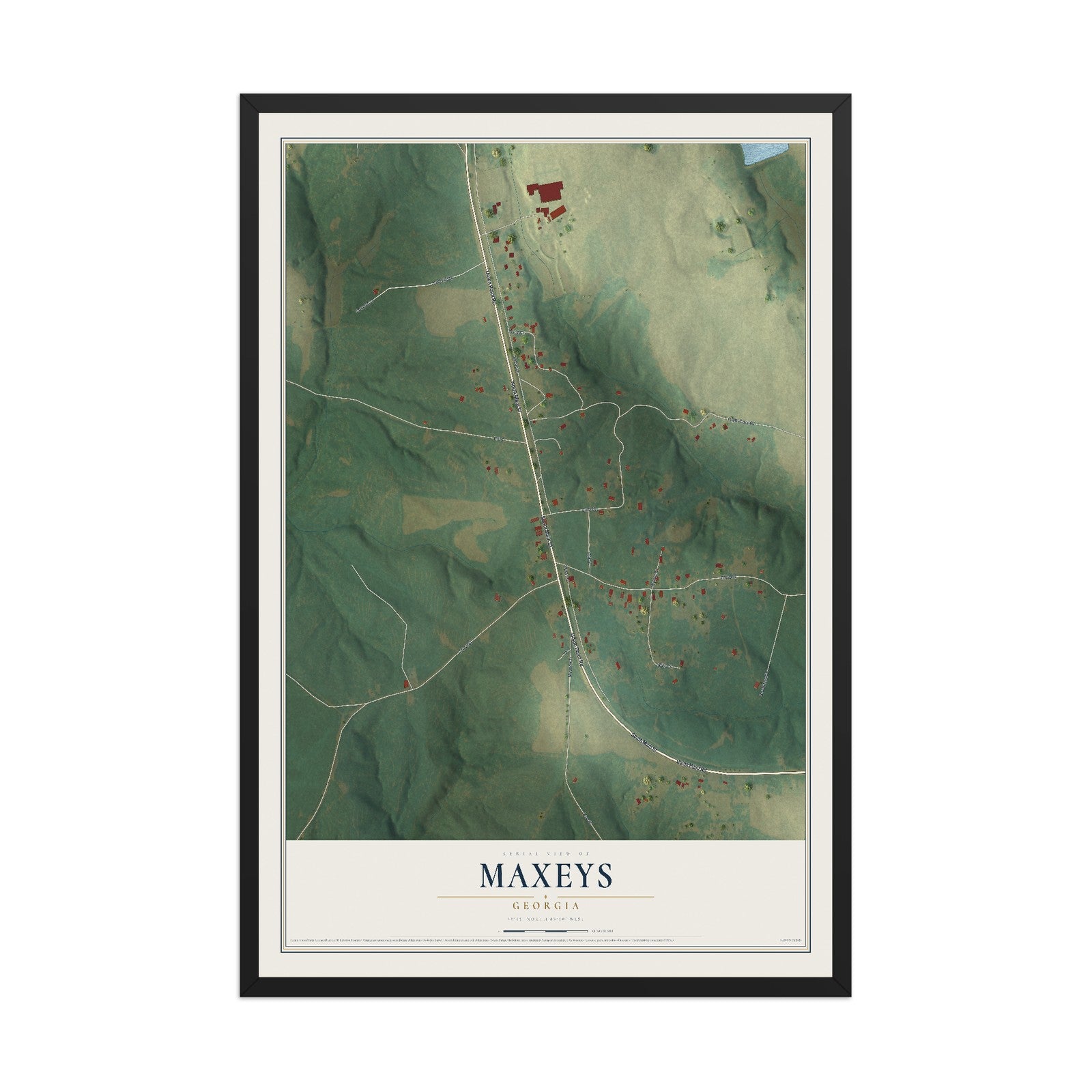 Maxeys, Georgia map print, 12" x 18" W/ Black Ayous Wood Frame mockup