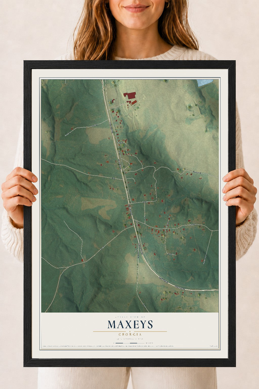 Maxeys, Georgia map print, 18" x 24" W/ Black Ayous Wood Frame mockup