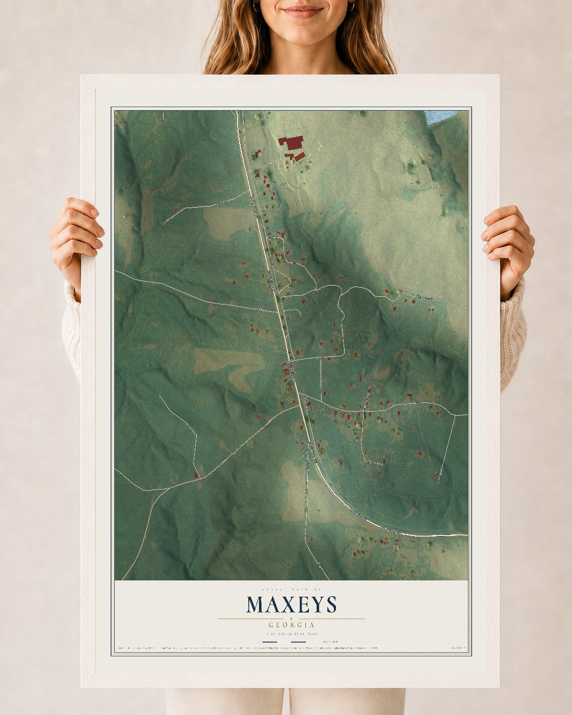 Maxeys, Georgia map print, 24" x 36" W/ White Ayous Wood Frame mockup