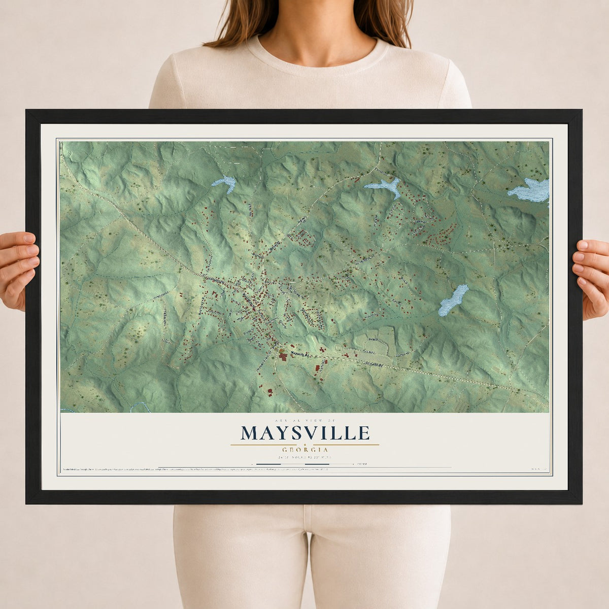 Maysville, Georgia map print, 18" x 24" W/ Black Ayous Wood Frame mockup
