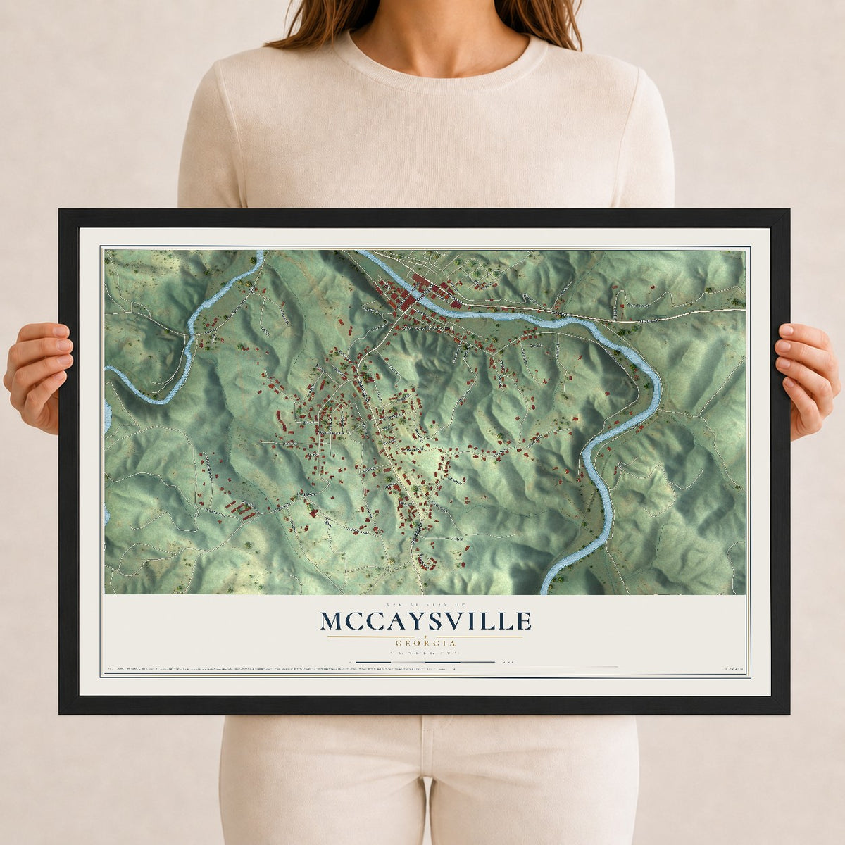 McCaysville, Georgia map print, 12" x 18" W/ Black Ayous Wood Frame mockup
