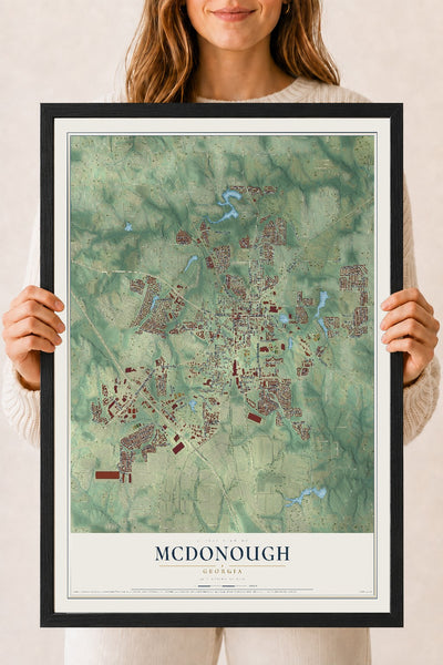 McDonough, Georgia map print, 18" x 24" W/ Black Ayous Wood Frame mockup