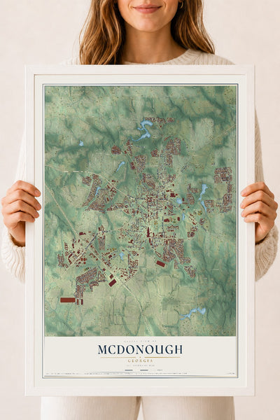 McDonough, Georgia map print, 18" x 24" W/ White Ayous Wood Frame mockup