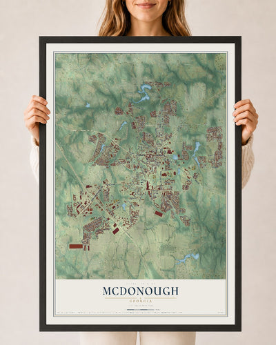 McDonough, Georgia map print, 24" x 36" W/ Black Ayous Wood Frame mockup