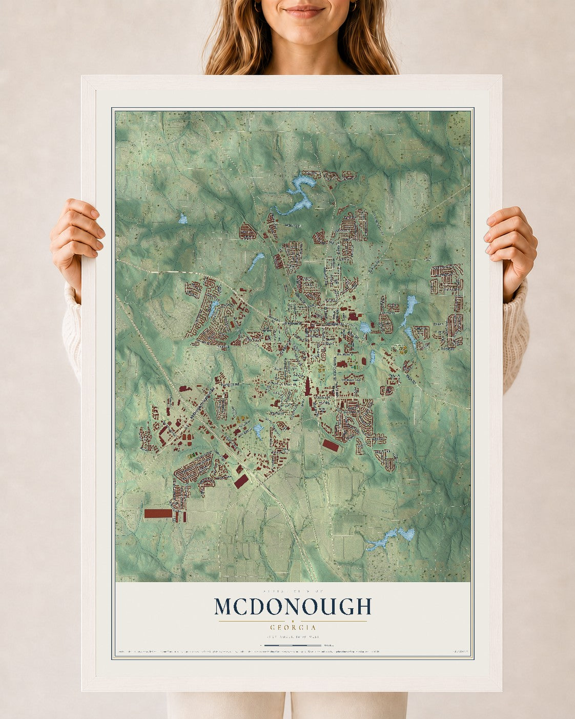 McDonough, Georgia map print, 24" x 36" W/ White Ayous Wood Frame mockup
