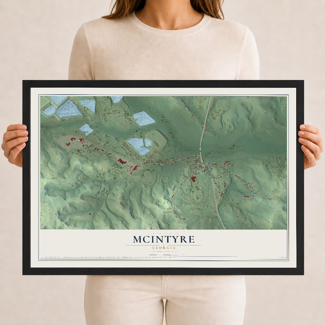 McIntyre, Georgia map print, 12" x 18" W/ Black Ayous Wood Frame mockup