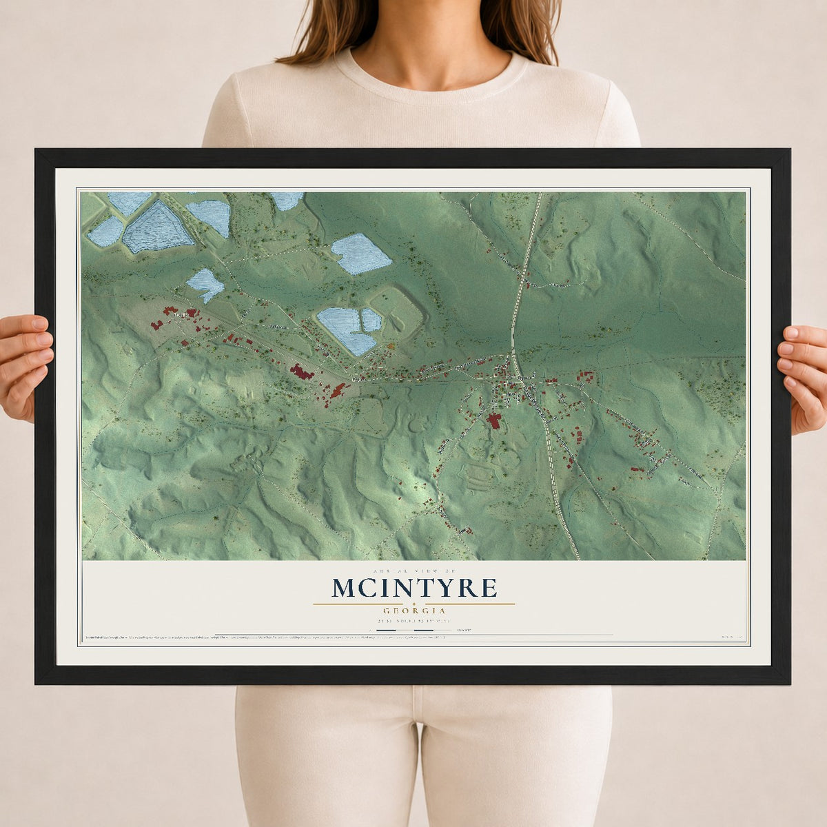 McIntyre, Georgia map print, 18" x 24" W/ Black Ayous Wood Frame mockup