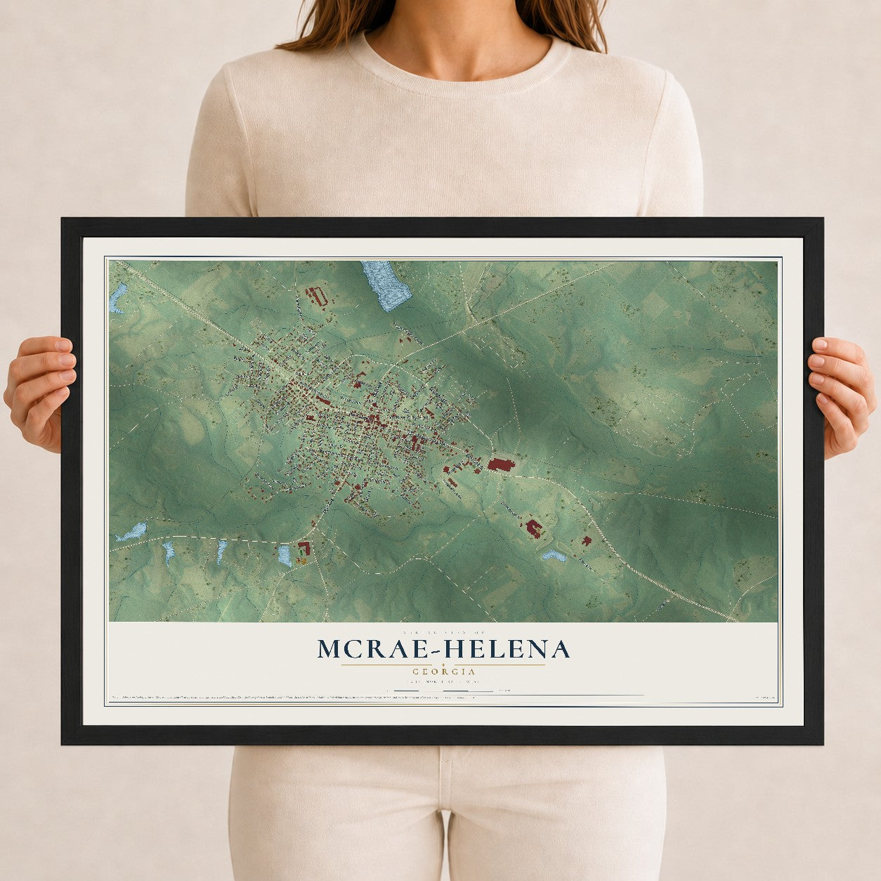McRae-Helena, Georgia map print, 12" x 18" W/ Black Ayous Wood Frame mockup