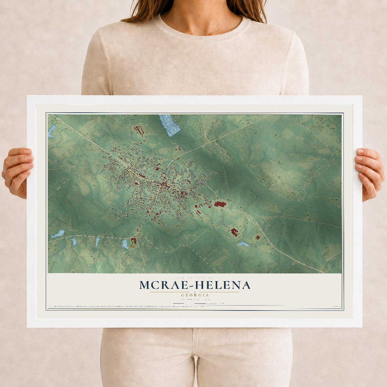 McRae-Helena, Georgia map print, 12" x 18" W/ White Ayous Wood Frame mockup
