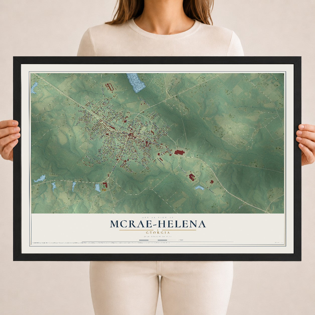McRae-Helena, Georgia map print, 18" x 24" W/ Black Ayous Wood Frame mockup