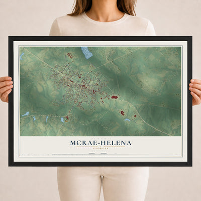 McRae-Helena, Georgia map print, 18" x 24" W/ Black Ayous Wood Frame mockup