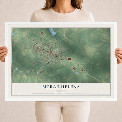 McRae-Helena, Georgia map print, 18" x 24" W/ White Ayous Wood Frame mockup