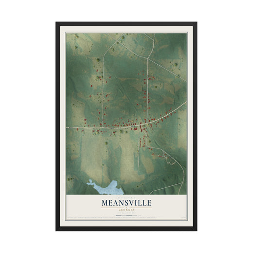Map of Meansville, Georgia, 12 x 18 inch print in a black wood frame