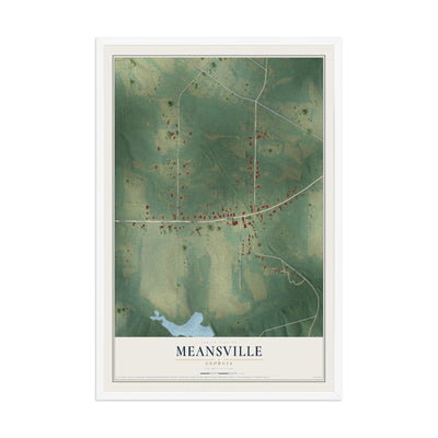 Meansville, Georgia map print, 12" x 18" W/ White Ayous Wood Frame mockup