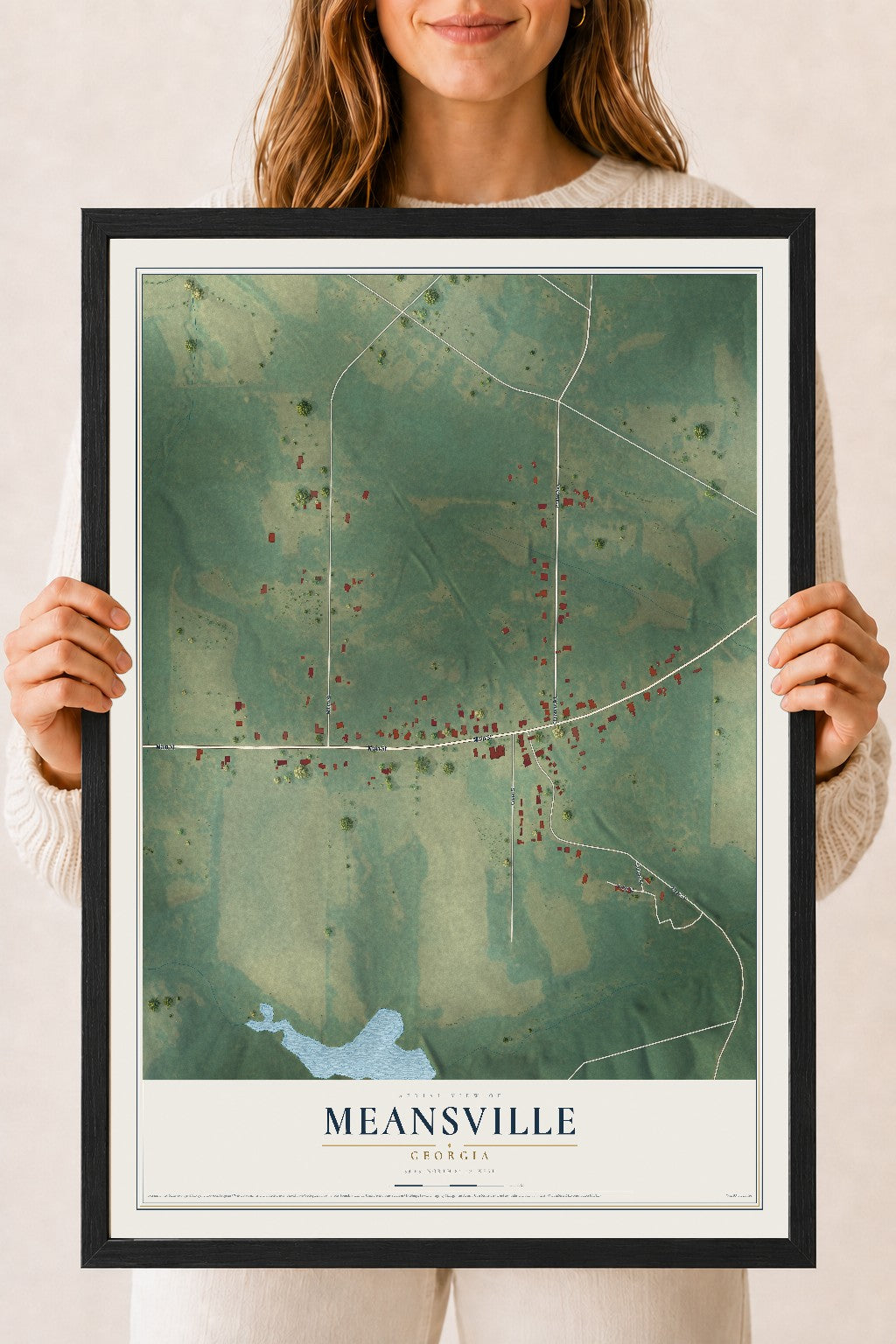 Meansville, Georgia map print, 18" x 24" W/ Black Ayous Wood Frame mockup