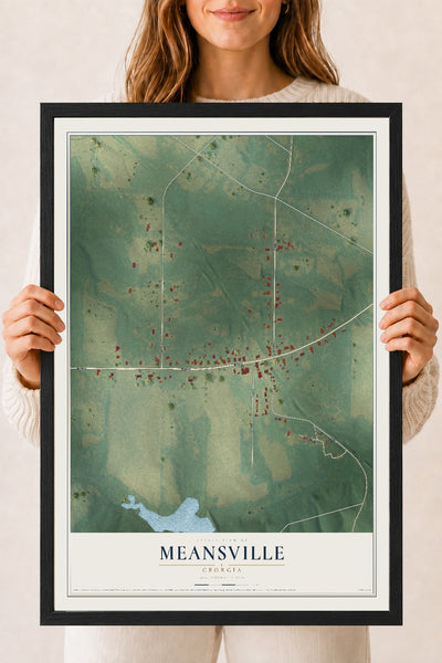 Meansville, Georgia map print, 18" x 24" W/ Black Ayous Wood Frame mockup