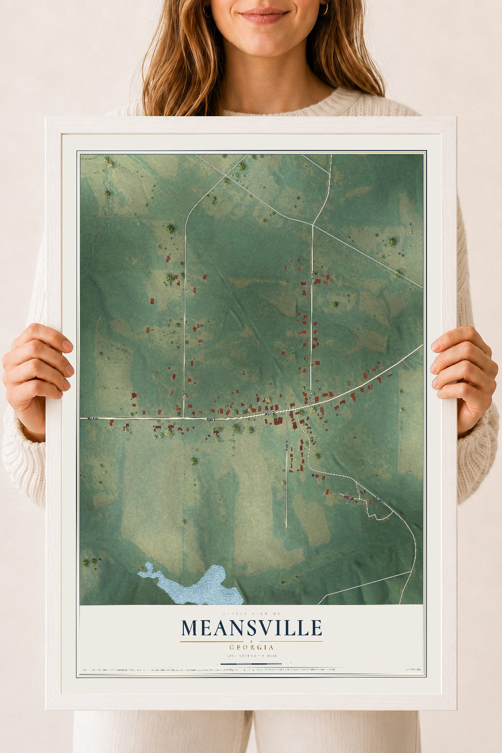 Meansville, Georgia map print, 18" x 24" W/ White Ayous Wood Frame mockup