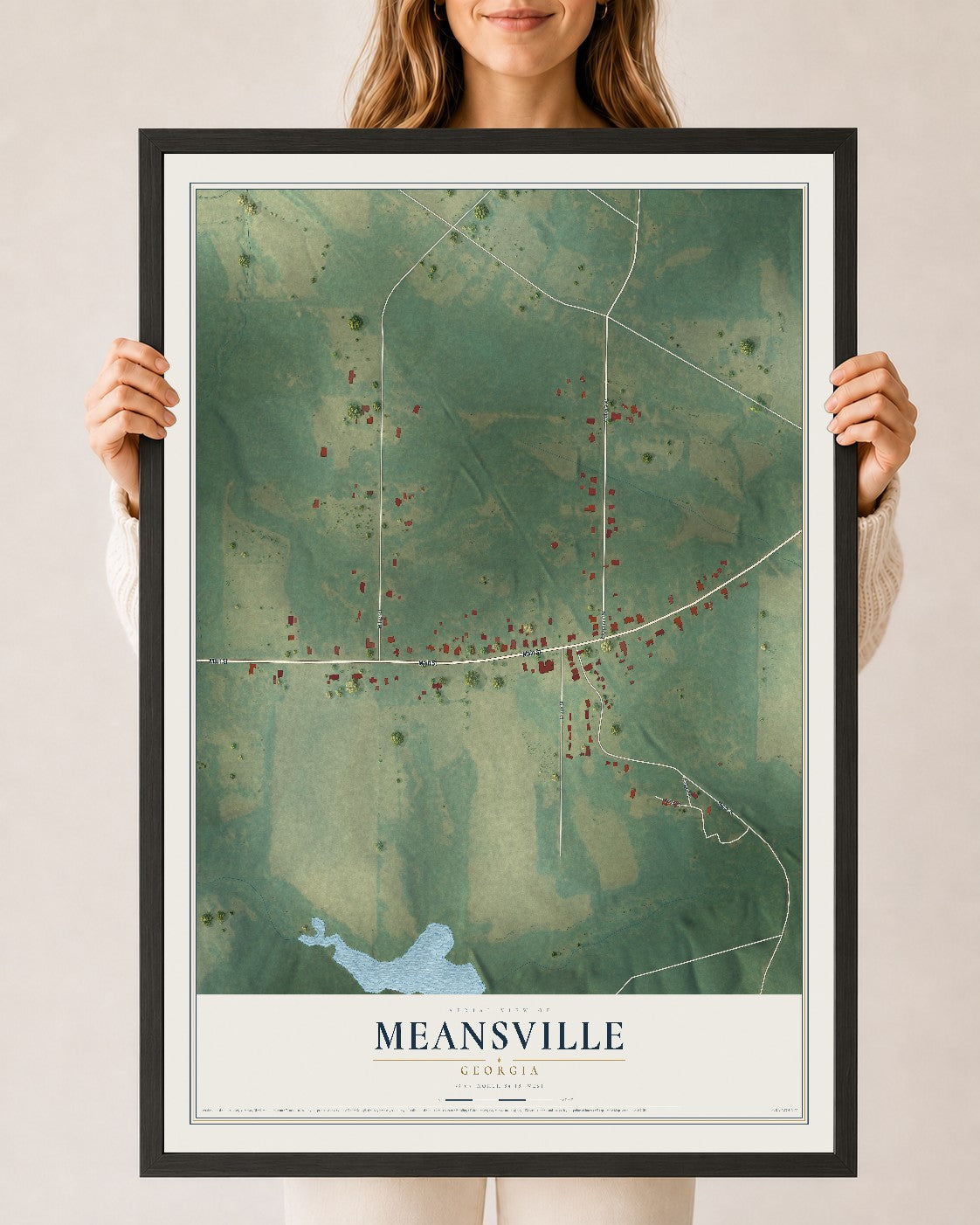 Meansville, Georgia map print, 24" x 36" W/ Black Ayous Wood Frame mockup