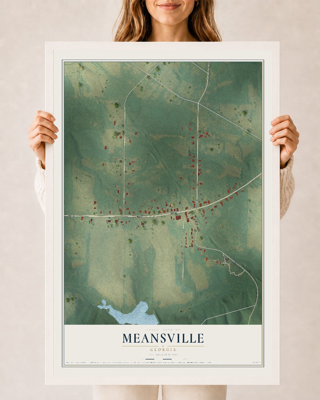 Meansville, Georgia map print, 24" x 36" W/ White Ayous Wood Frame mockup