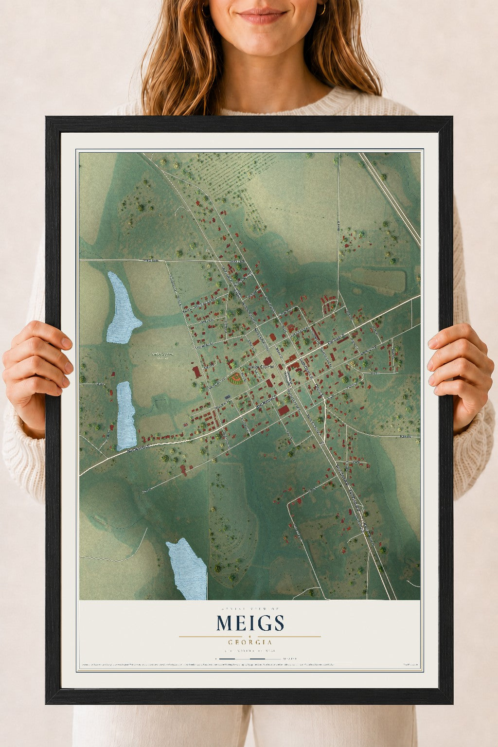 Meigs, Georgia map print, 18" x 24" W/ Black Ayous Wood Frame mockup