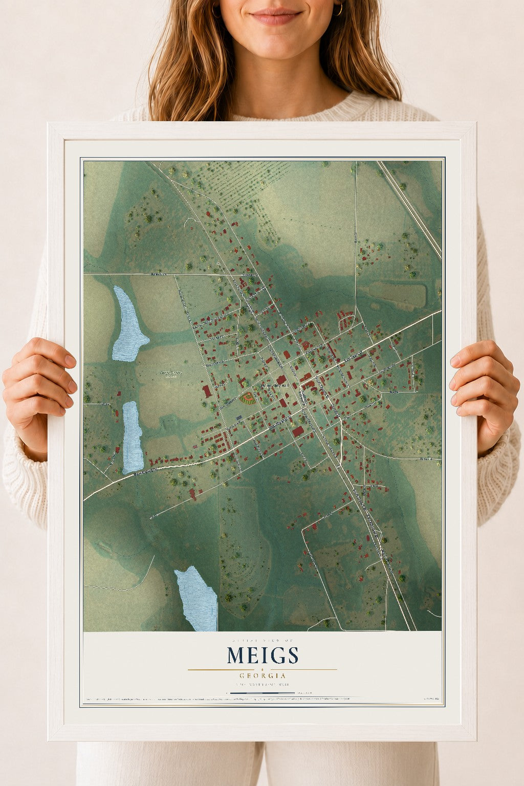 Meigs, Georgia map print, 18" x 24" W/ White Ayous Wood Frame mockup