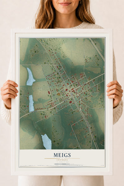 Meigs, Georgia map print, 18" x 24" W/ White Ayous Wood Frame mockup