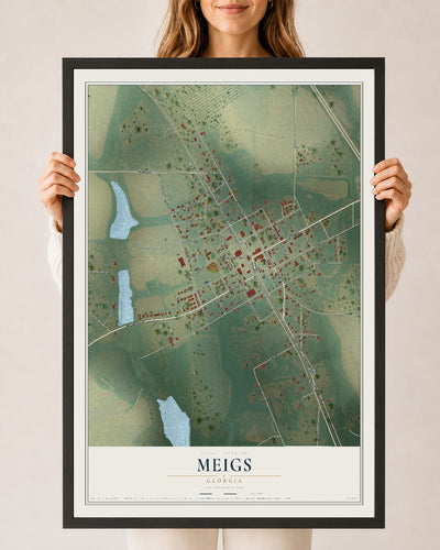 Meigs, Georgia map print, 24" x 36" W/ Black Ayous Wood Frame mockup