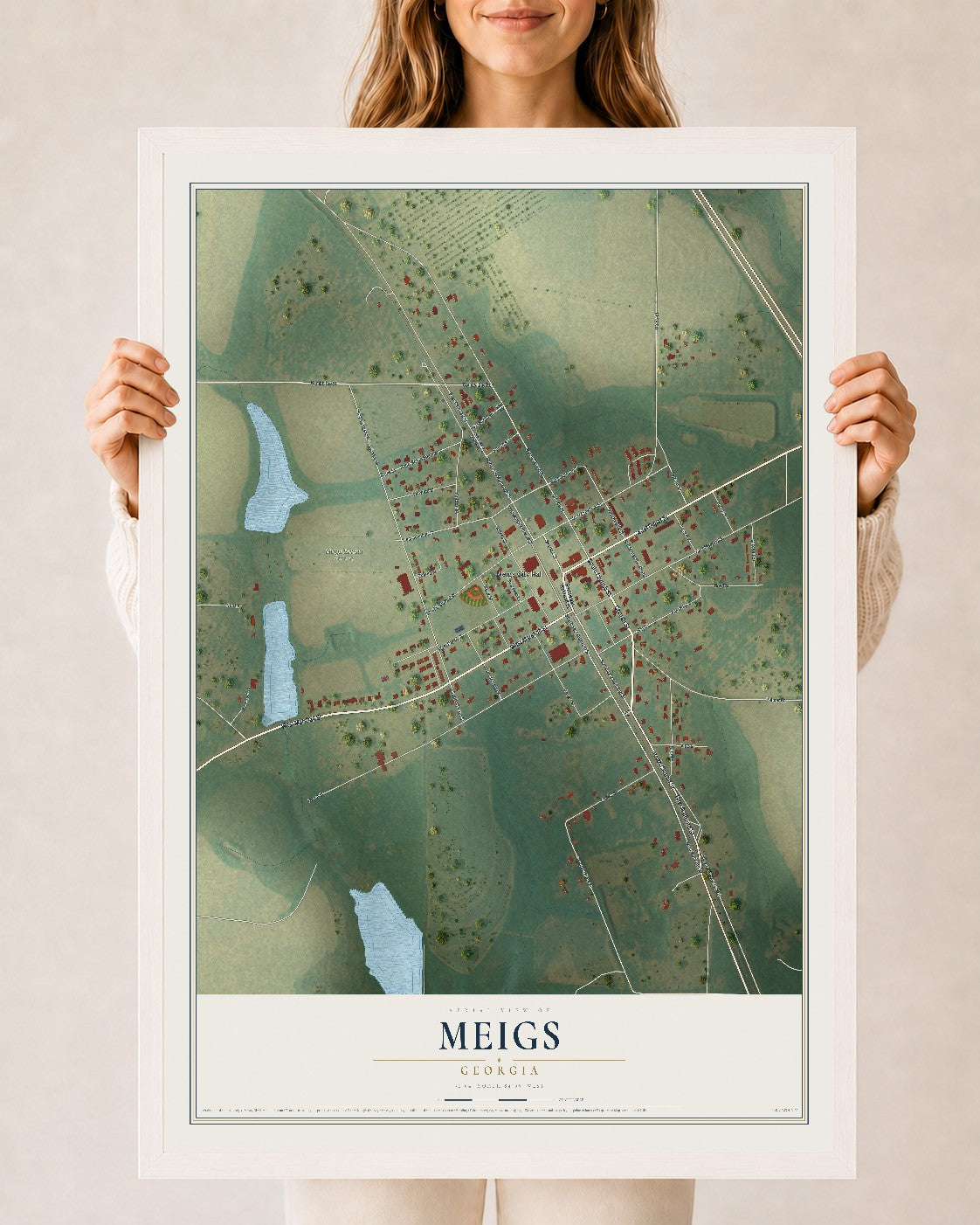 Meigs, Georgia map print, 24" x 36" W/ White Ayous Wood Frame mockup