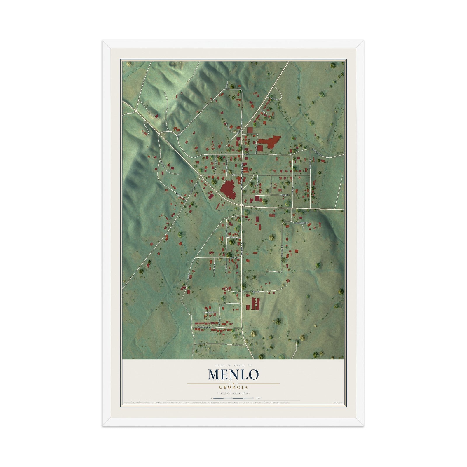 Menlo, Georgia map print, 12" x 18" W/ White Ayous Wood Frame mockup