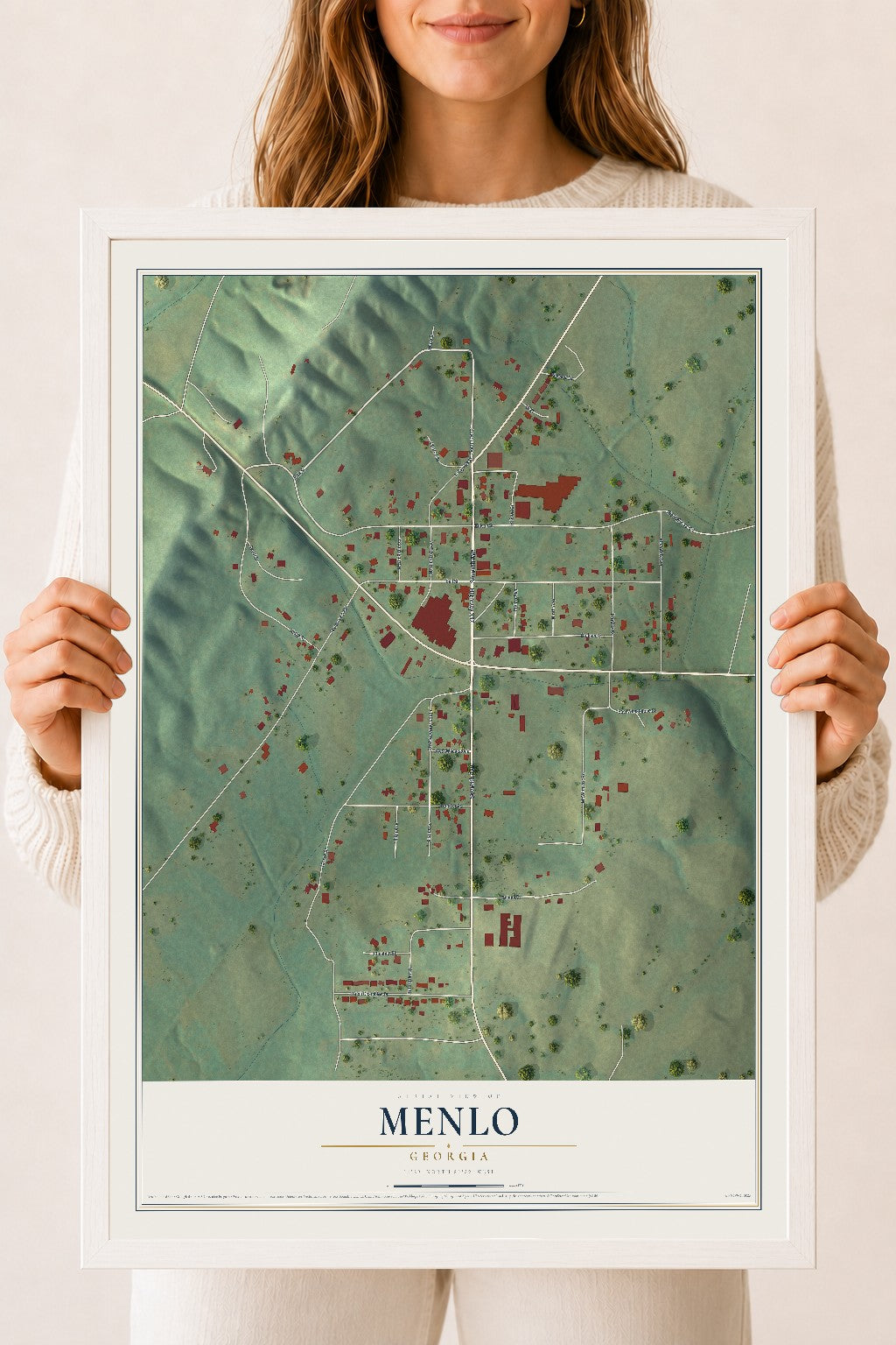 Menlo, Georgia map print, 18" x 24" W/ White Ayous Wood Frame mockup
