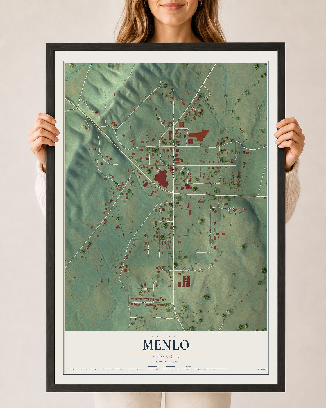 Menlo, Georgia map print, 24" x 36" W/ Black Ayous Wood Frame mockup