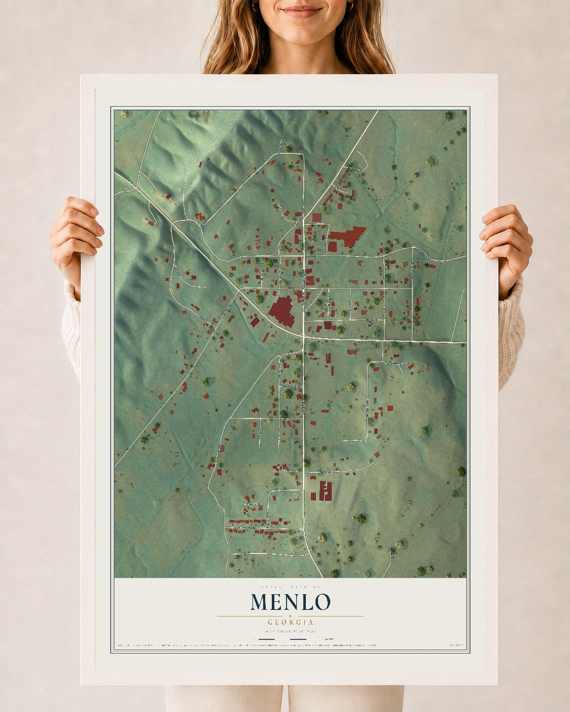 Menlo, Georgia map print, 24" x 36" W/ White Ayous Wood Frame mockup