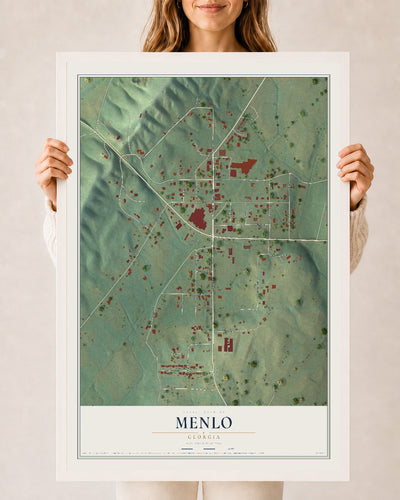 Menlo, Georgia map print, 24" x 36" W/ White Ayous Wood Frame mockup