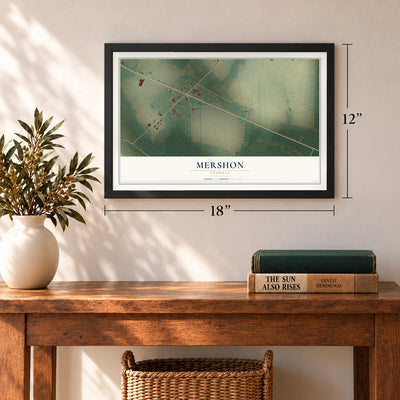 Mershon, Georgia map, 12 x 18 inch print in a black frame in an entryway