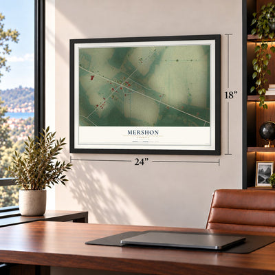 Mershon, Georgia map, 18 x 24 inch print in a black frame in a home office