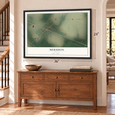 Mershon, Georgia map, 24 x 36 inch print in a black frame above a dresser by a staircase