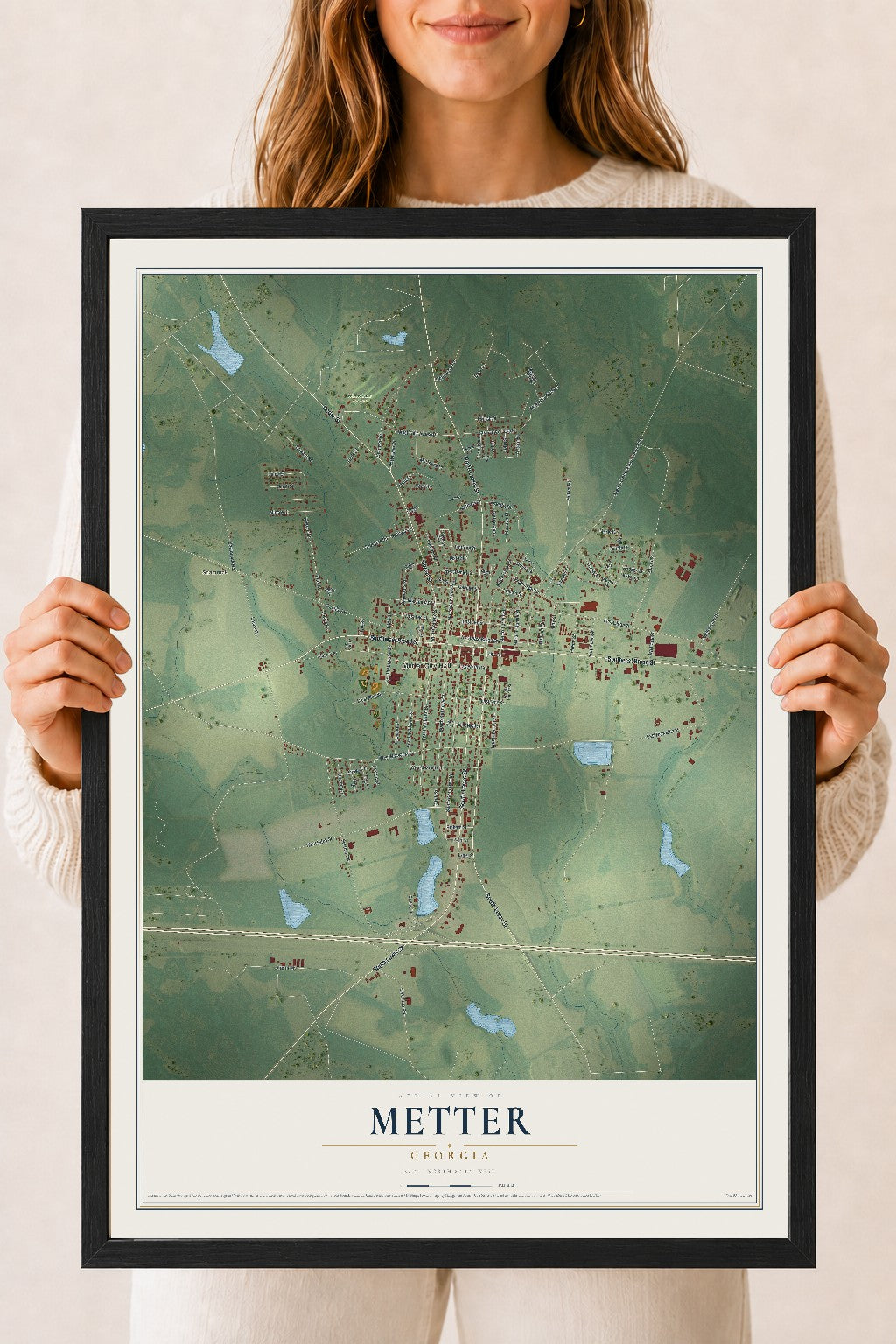 Metter, Georgia map print, 18" x 24" W/ Black Ayous Wood Frame mockup