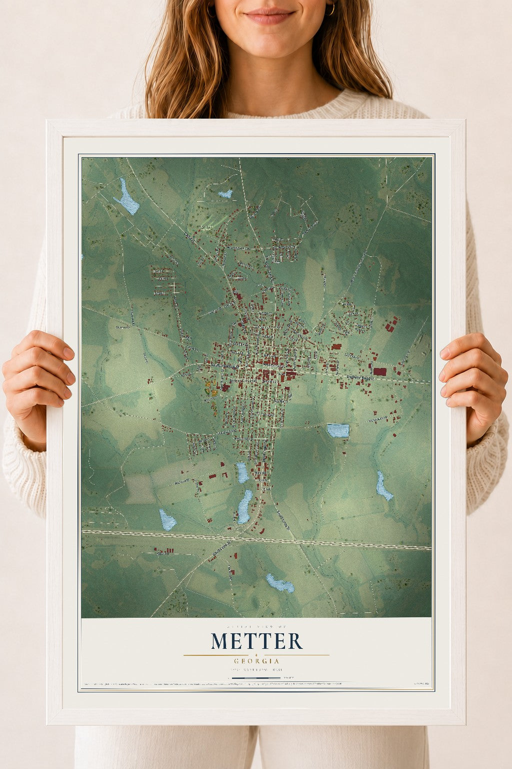 Metter, Georgia map print, 18" x 24" W/ White Ayous Wood Frame mockup