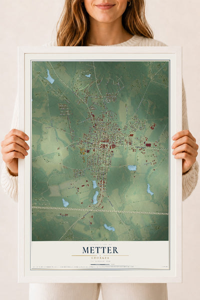 Metter, Georgia map print, 18" x 24" W/ White Ayous Wood Frame mockup