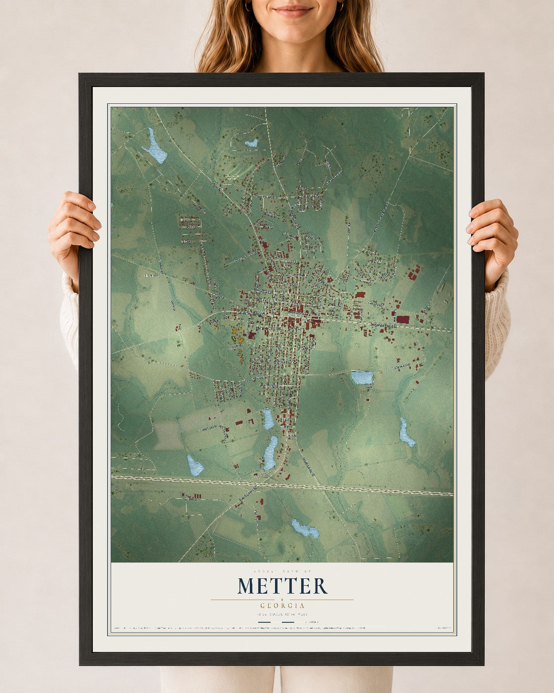 Metter, Georgia map print, 24" x 36" W/ Black Ayous Wood Frame mockup