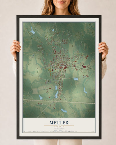 Metter, Georgia map print, 24" x 36" W/ Black Ayous Wood Frame mockup