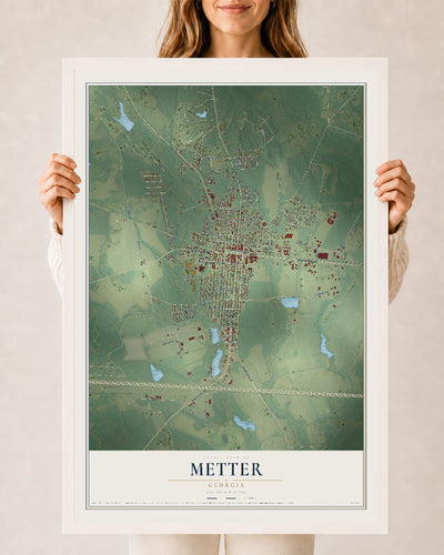 Metter, Georgia map print, 24" x 36" W/ White Ayous Wood Frame mockup