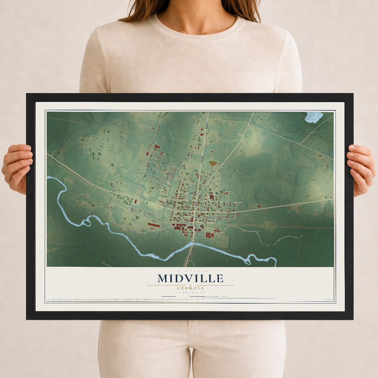 Midville, Georgia map print, 12" x 18" W/ Black Ayous Wood Frame mockup