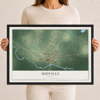 Midville, Georgia map print, 12" x 18" W/ Black Ayous Wood Frame mockup