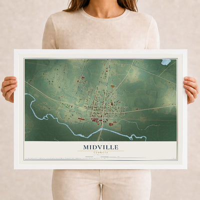 Midville, Georgia map print, 12" x 18" W/ White Ayous Wood Frame mockup