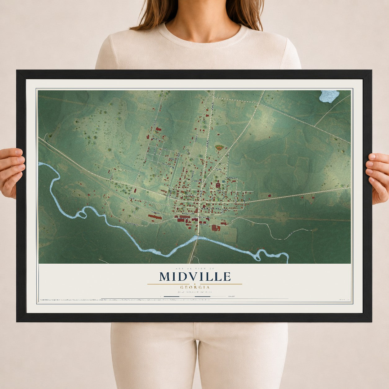 Midville, Georgia map print, 18" x 24" W/ Black Ayous Wood Frame mockup