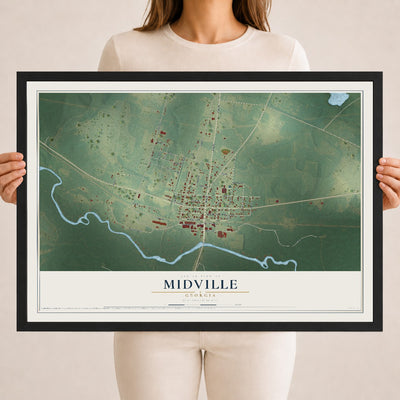 Midville, Georgia map print, 18" x 24" W/ Black Ayous Wood Frame mockup