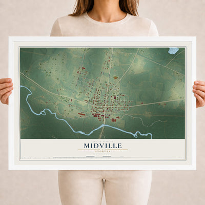 Midville, Georgia map print, 18" x 24" W/ White Ayous Wood Frame mockup